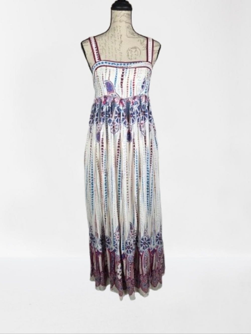 In Loom Bohemian Maxi Sundress Cream/Blue/Burgundy Wmn's Med